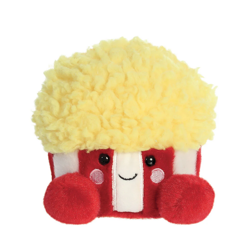 Palm Pals Butters Popcorn Soft Toy with red and whte stripy box body and popcorn yellow hair