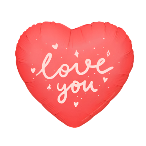 red love heart shape balloon with phrase love you printed on the front in contrasting pink
