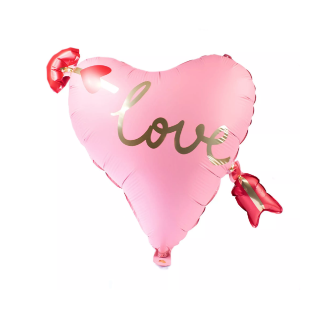 pink love heart shape balloon with cupids arrow through the middle
